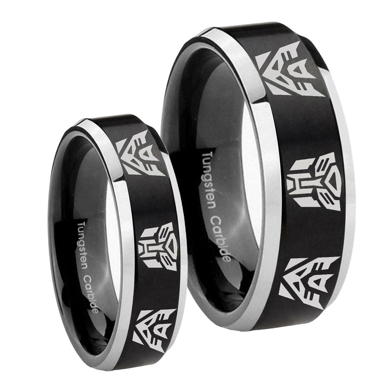 Transformers Autobot Decepticon Beveled Brush Black 2 Tone Tungsten Matching Ring Set