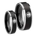 Skull Beveled Edges Brush Black 2 Tone Tungsten Wedding Band Set