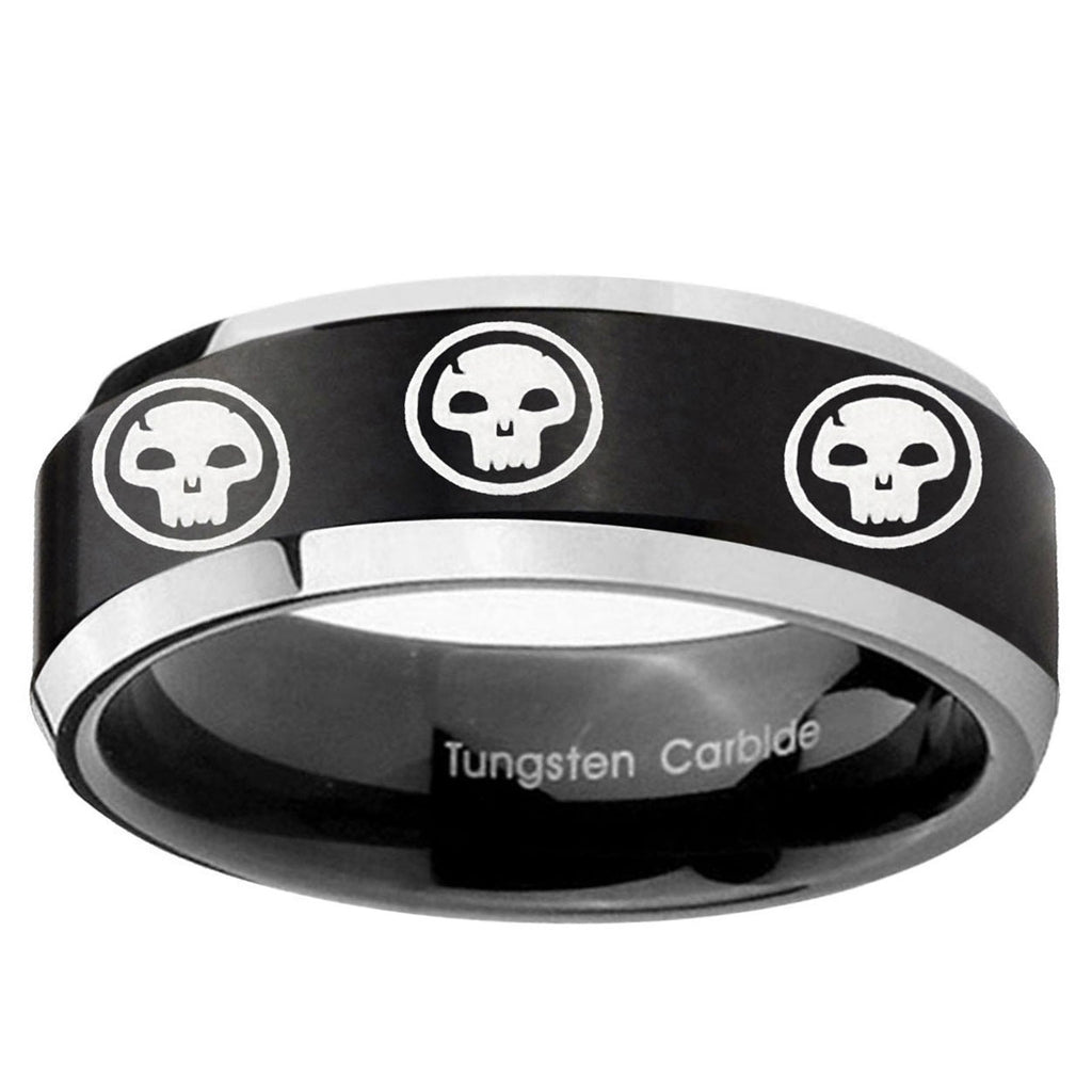 5MM Multiple Skull Beveled Two Tone Black Tungsten Ring Men