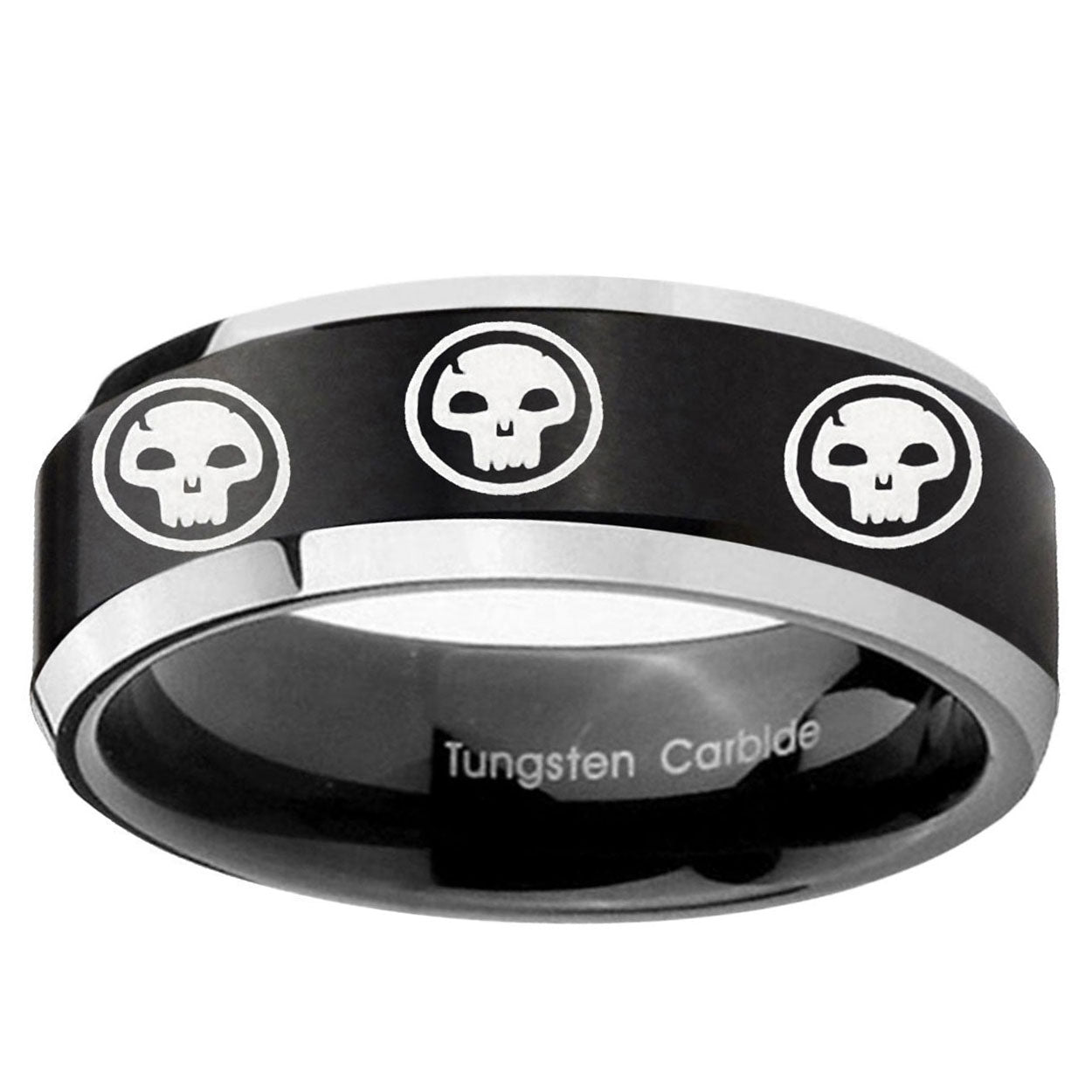 5MM Multiple Skull Beveled Two Tone Black Tungsten Ring Men
