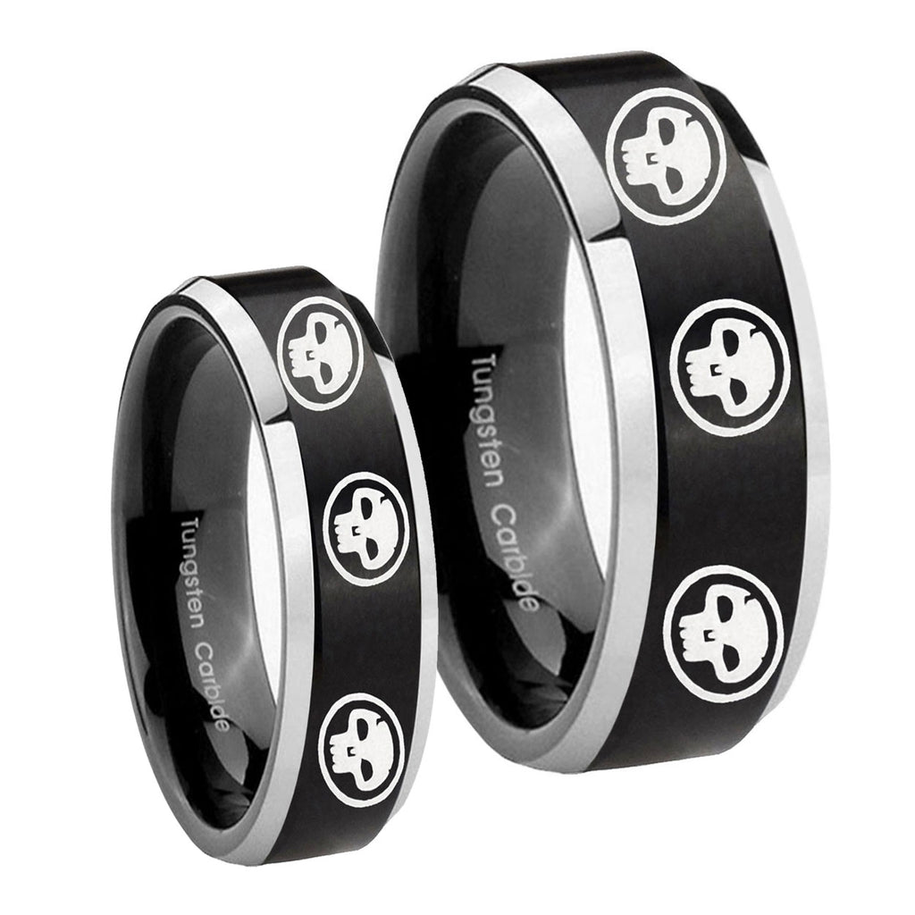 Multiple Skull Beveled Brush Black 2 Tone Tungsten Wedding Band Set