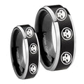 Multiple Skull Beveled Brush Black 2 Tone Tungsten Wedding Band Set