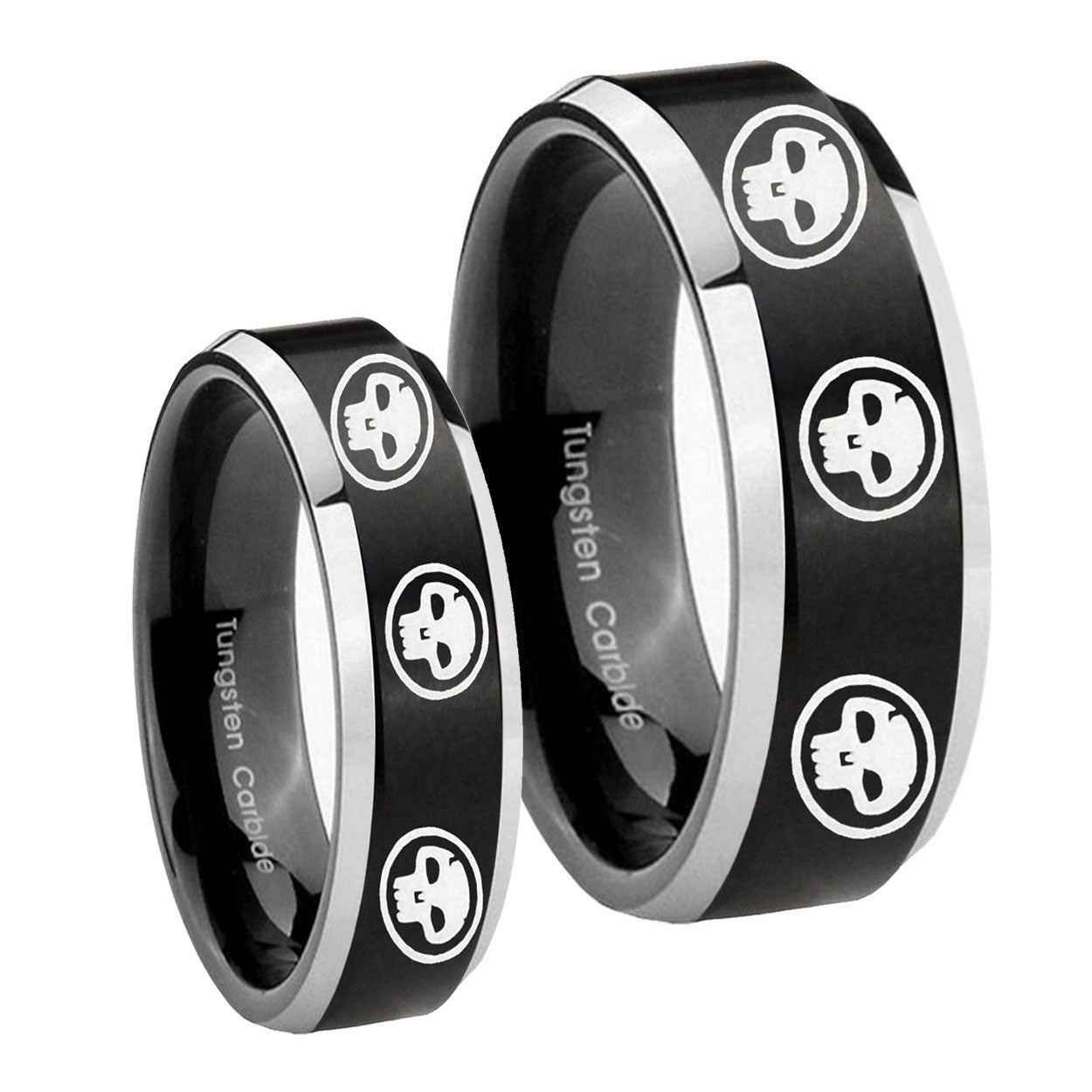Multiple Skull Beveled Brush Black 2 Tone Tungsten Wedding Band Set