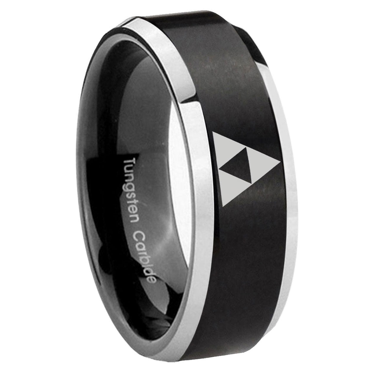 8MM Zelda Triforce Beveled Two Tone Black Tungsten Wedding Rings