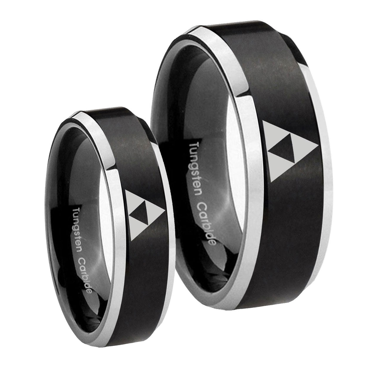 Zelda Triforce Beveled Brush Black 2 Tone Tungsten His And Hers Ring