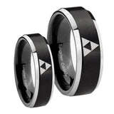 His Hers Zelda Triforce Beveled Brush Black 2 Tone Tungsten Engraved Ring Set