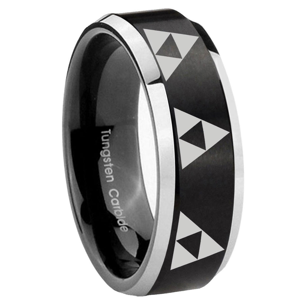 8MM Multiple Zelda Triforce Beveled Two Tone Black Tungsten Ring