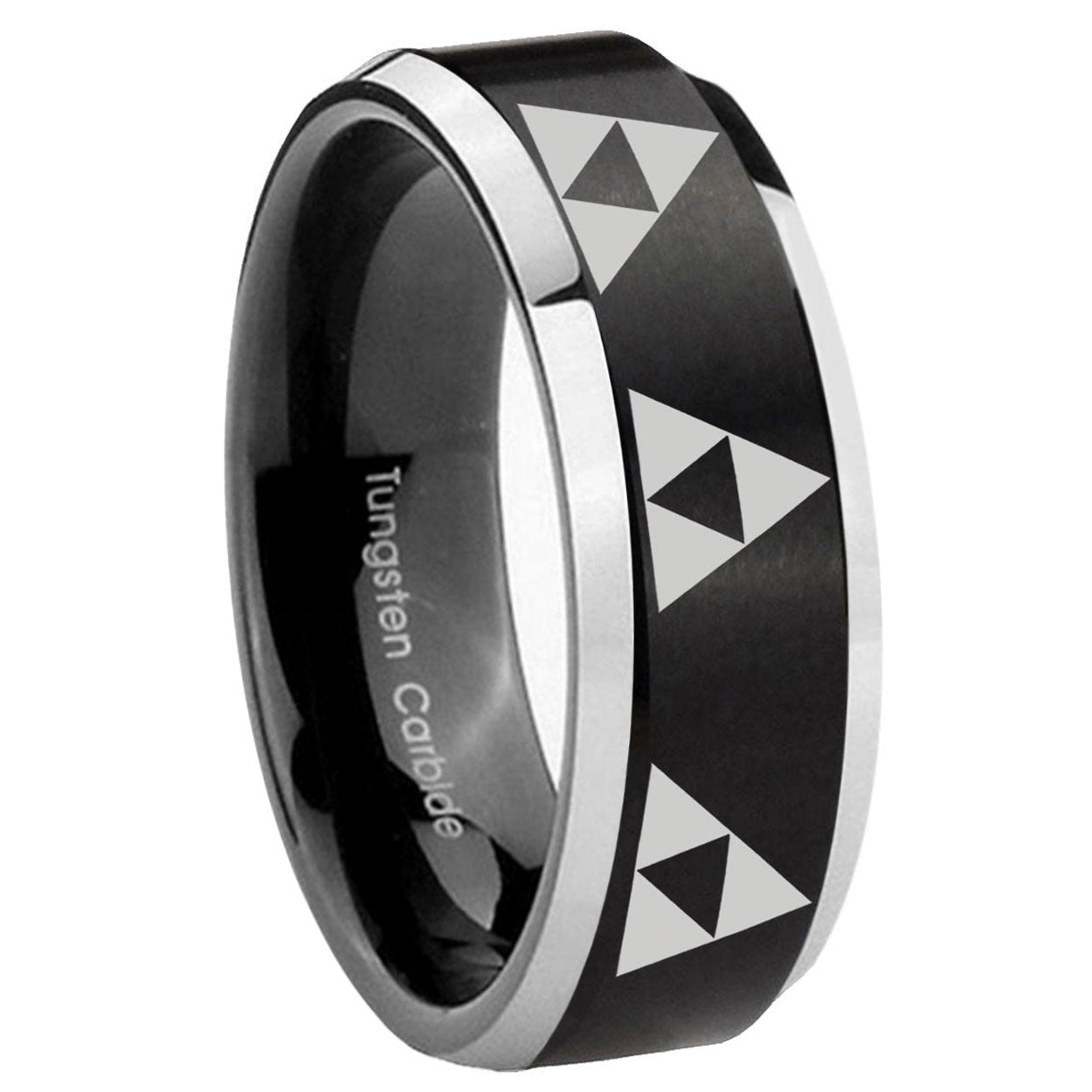 8MM Multiple Zelda Triforce Beveled Two Tone Black Tungsten Ring