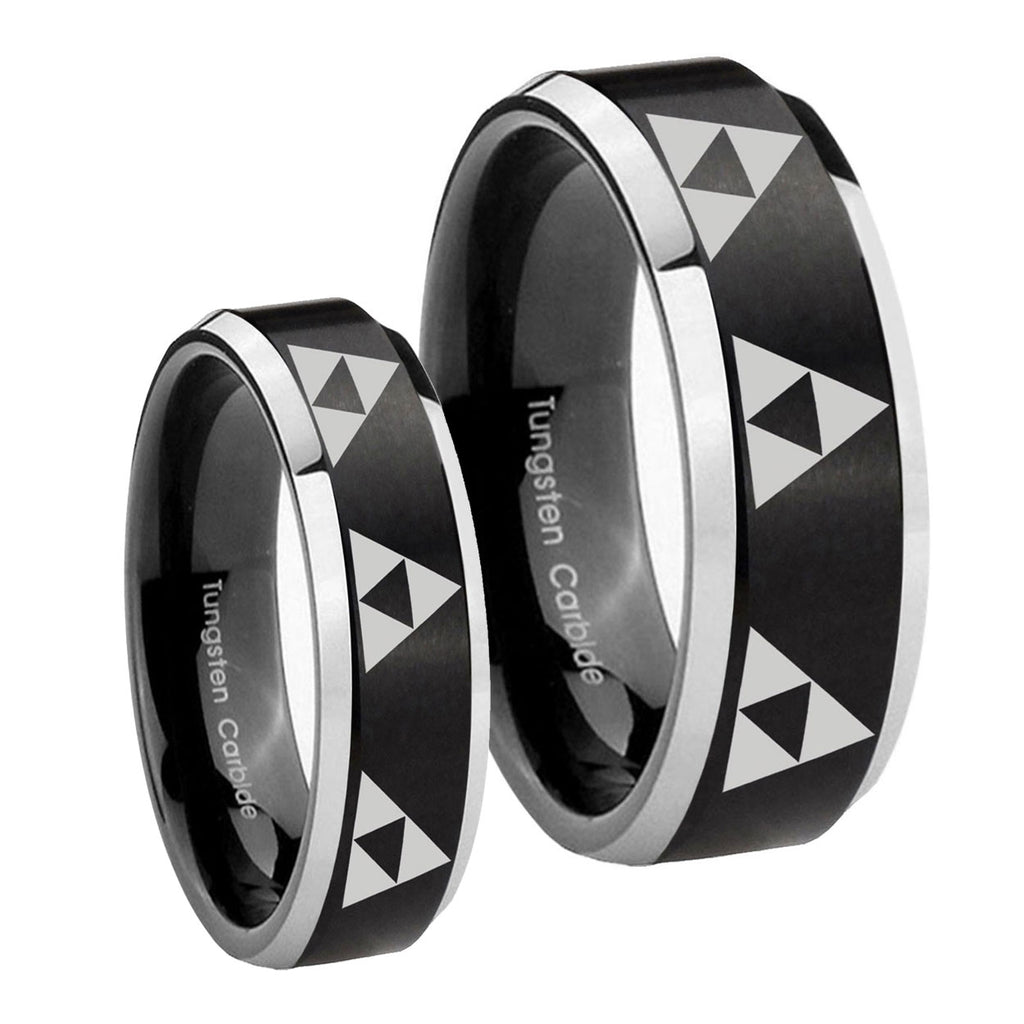 Multiple Zelda Triforce Beveled Brush Black 2 Tone Tungsten Engagement Ring Set