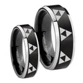 Multiple Zelda Triforce Beveled Brush Black 2 Tone Tungsten Engagement Ring Set