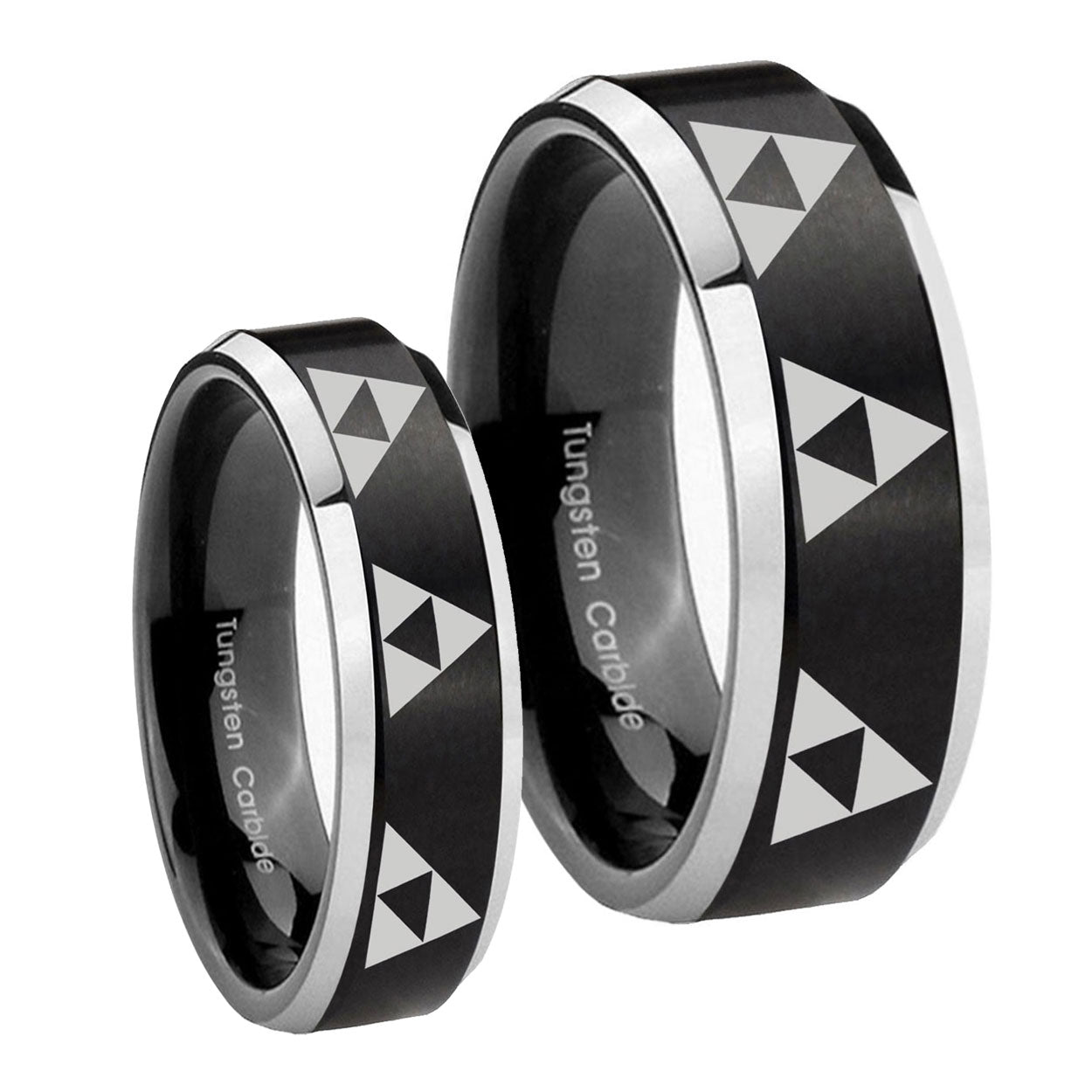 Multiple Zelda Triforce Beveled Brush Black 2 Tone Tungsten Engagement Ring Set