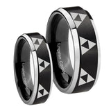 His Hers Multiple Zelda Triforce Beveled Brush Black 2 Tone Tungsten Rings for Men Set