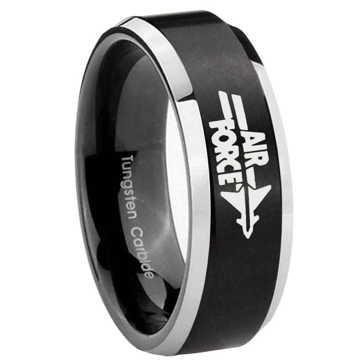 10mm Beveled Air Force Satin Black Two Tone Tungsten Carbide Men's Ring
