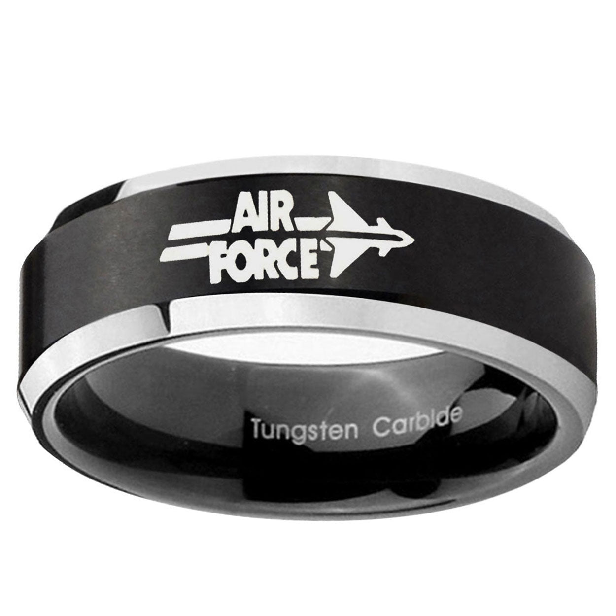 10mm Beveled Air Force Satin Black Two Tone Tungsten Ring