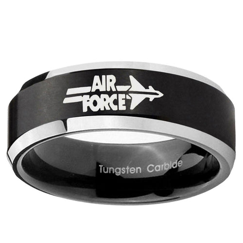 10mm Beveled Air Force Satin Black Two Tone Tungsten Ring