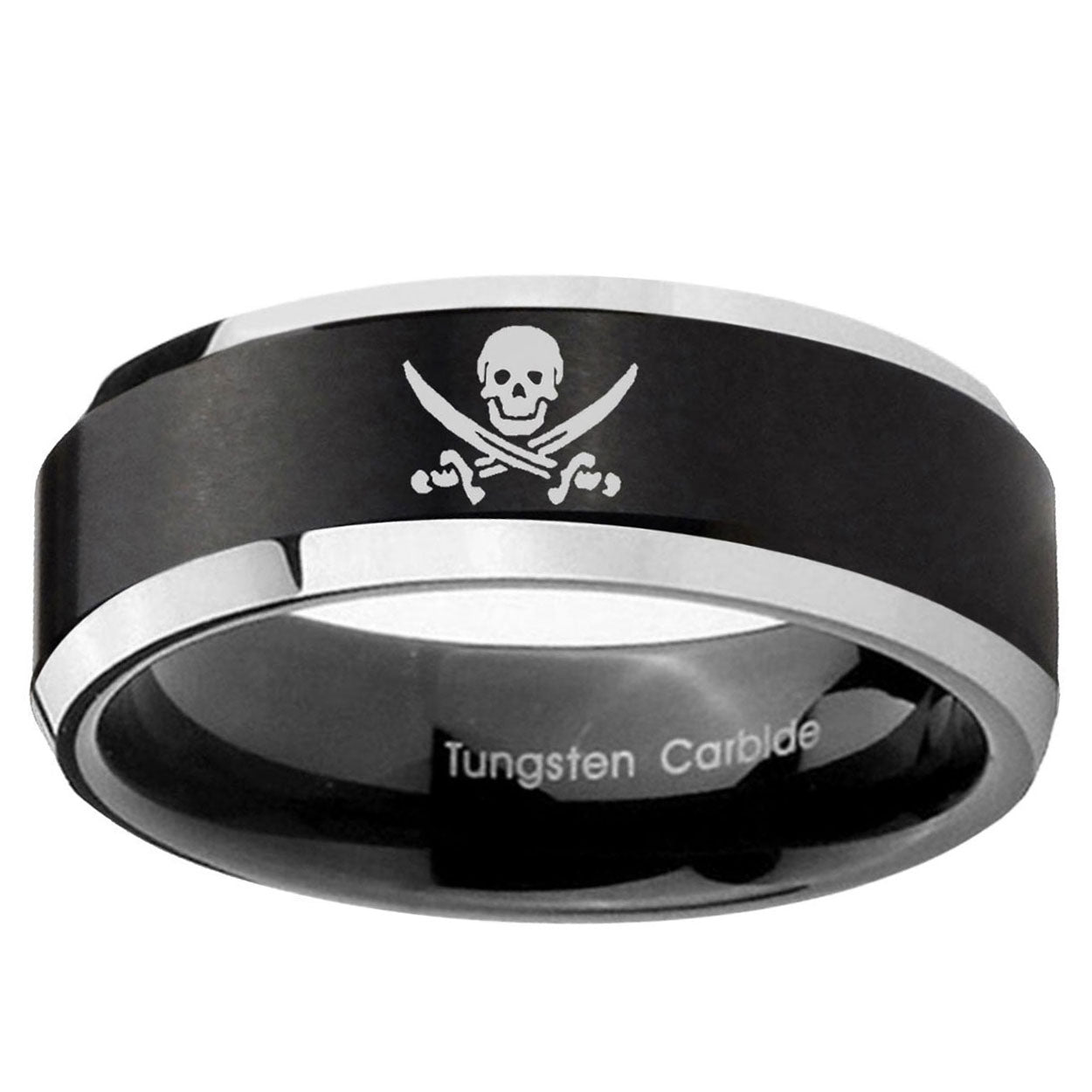10mm Skull Pirate Beveled Edge Brush Black 2 Tone Tungsten Mens Wedding Band
