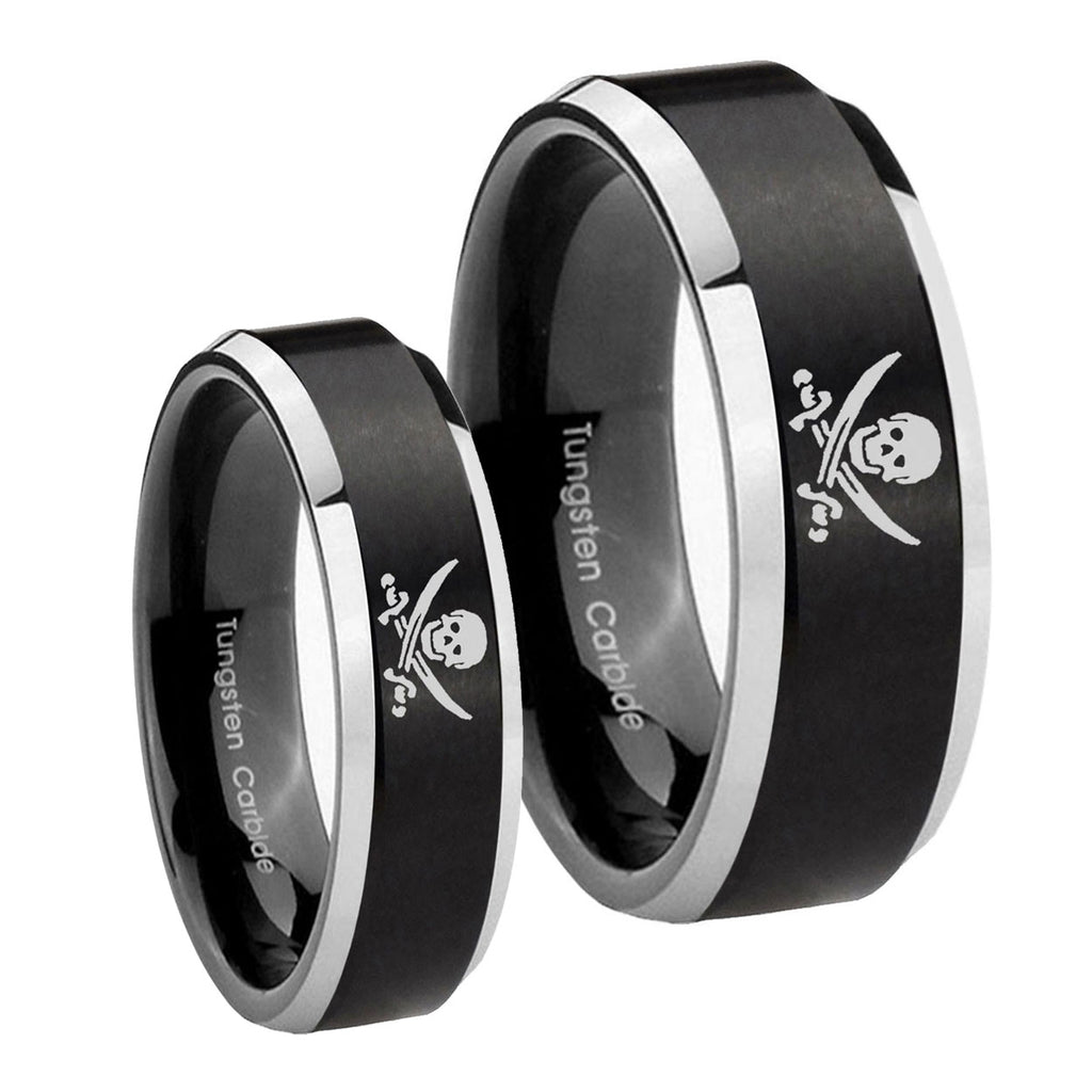 Skull Pirate Beveled Brush Black 2 Tone Tungsten Bridal Set Rings