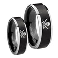 Skull Pirate Beveled Brush Black 2 Tone Tungsten Bridal Set Rings