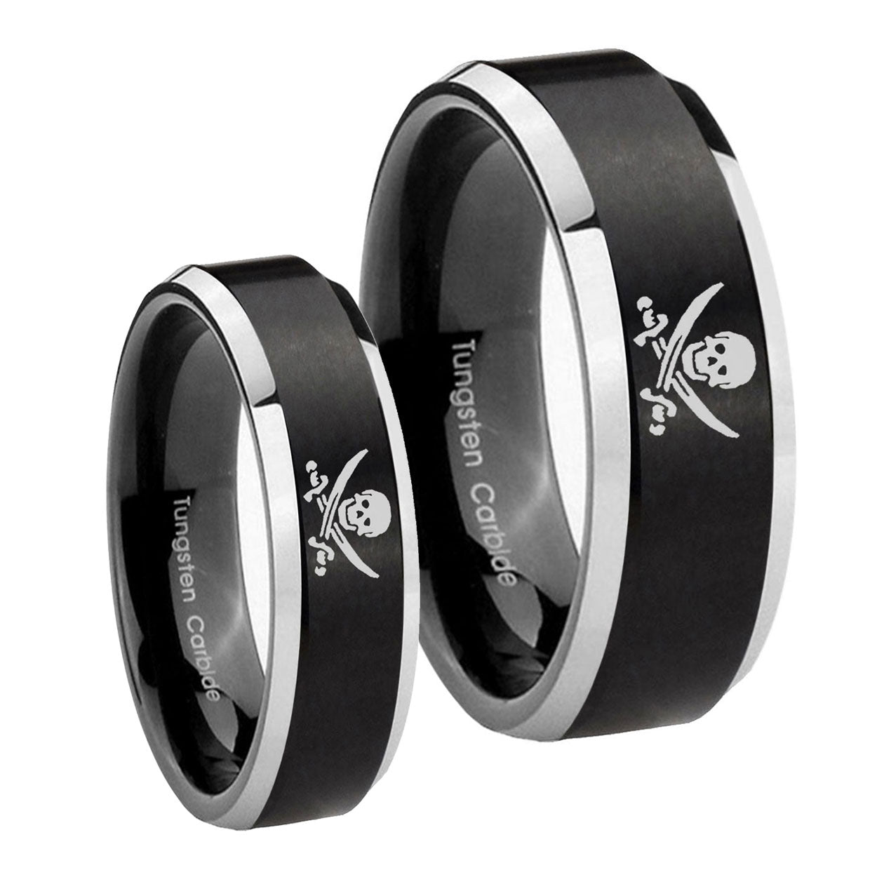 Skull Pirate Beveled Brush Black 2 Tone Tungsten Bridal Set Rings
