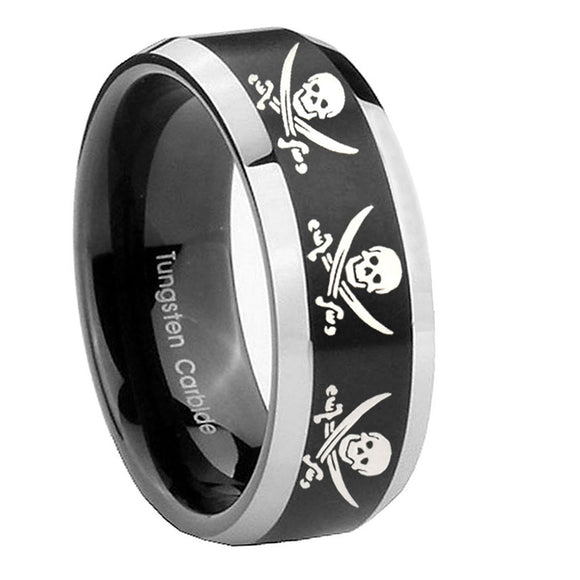 8mm-Multiple-Skull-Pirate-Beveled-Brush-Black-2-Tone-Tungsten-Mens-Ring-Engraved