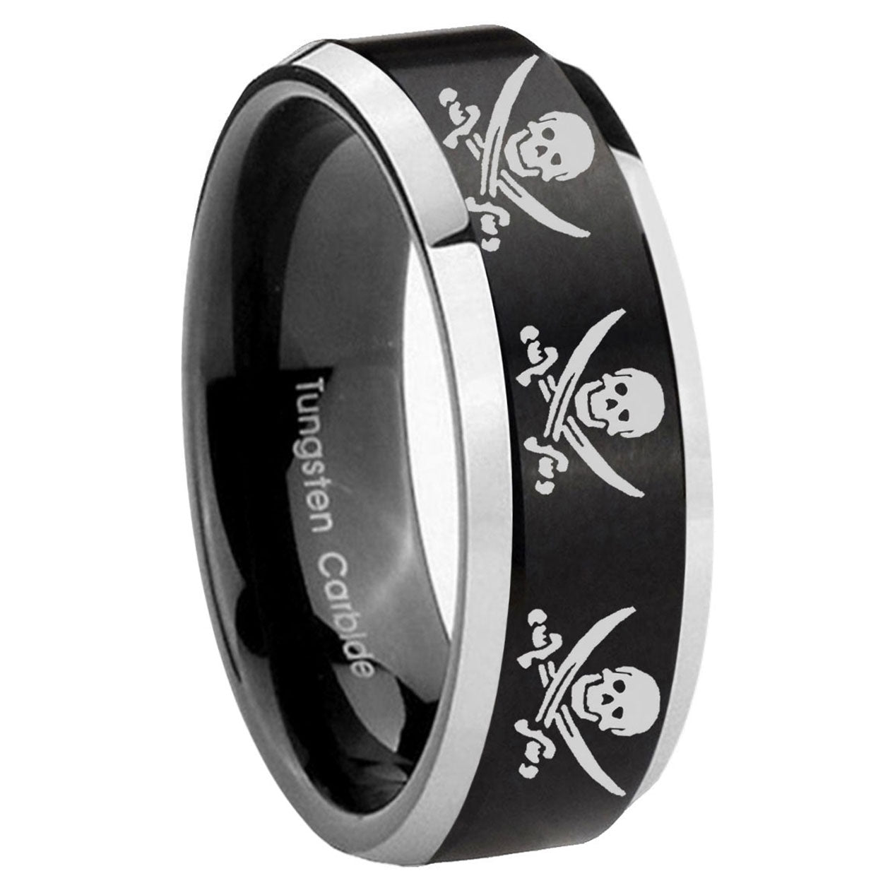 8MM Multiple Skull Pirate Beveled Two Tone Black Tungsten Ring
