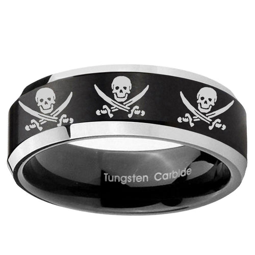 10mm Multiple Skull Pirate Beveled Brush Black 2 Tone Tungsten Ring