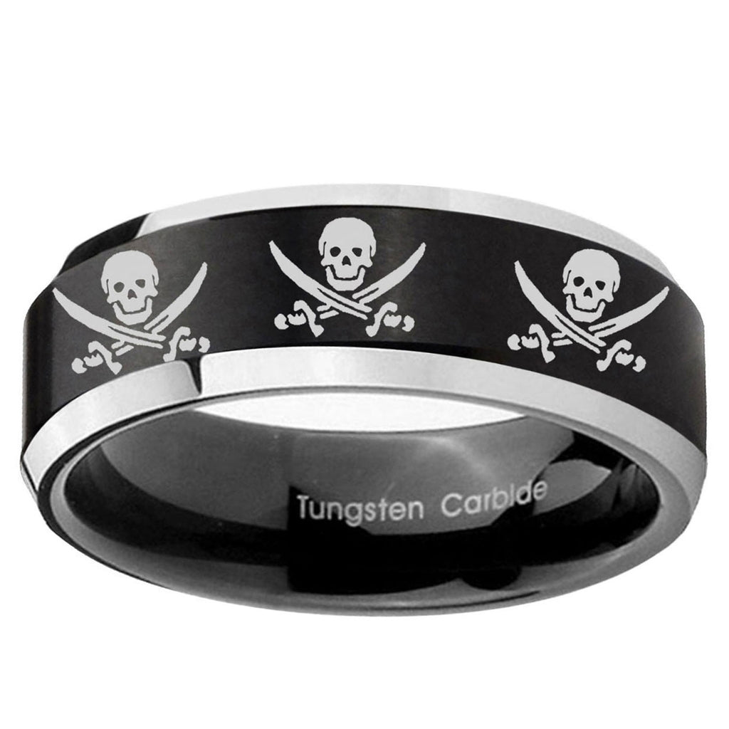 5MM Multiple Skull Pirate Beveled Two Tone Black Tungsten Ring