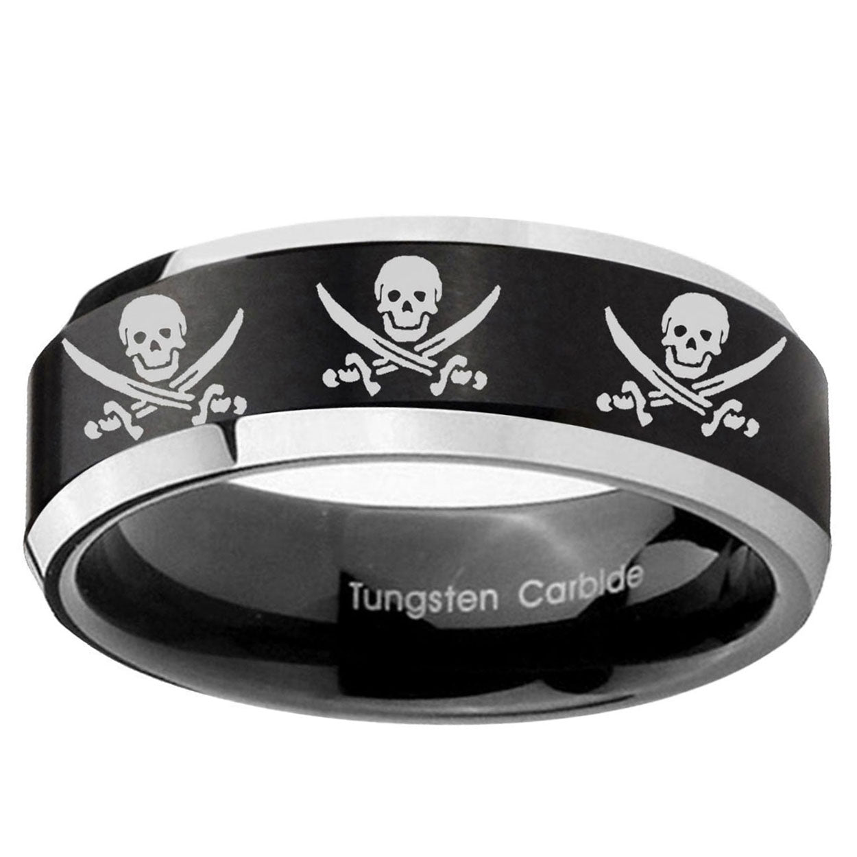 5MM Multiple Skull Pirate Beveled Two Tone Black Tungsten Ring