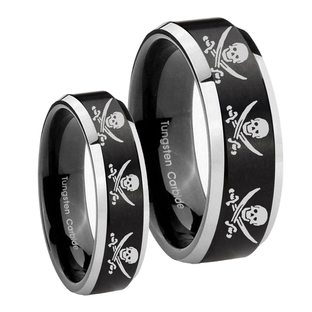Multiple Skull Pirate Beveled Brush Black 2 Tone Tungsten Couple Rings