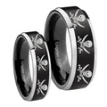 Multiple Skull Pirate Beveled Brush Black 2 Tone Tungsten Couple Rings