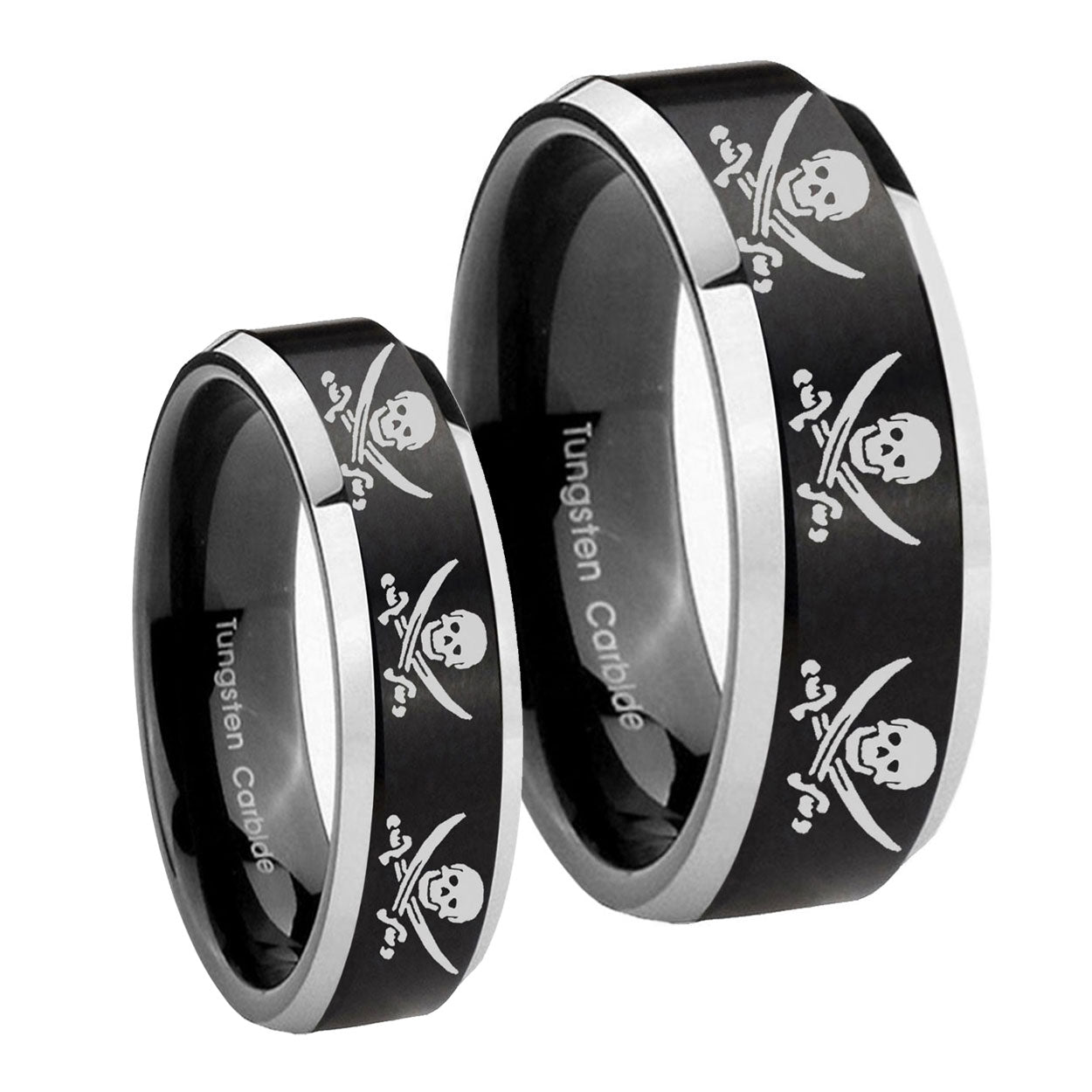 Multiple Skull Pirate Beveled Brush Black 2 Tone Tungsten Couple Rings