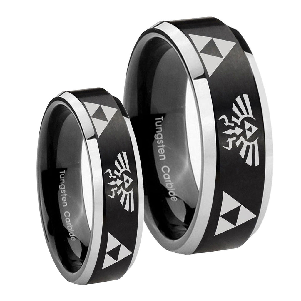 Legend of Zelda Beveled Brush Black 2 Tone Tungsten Bridal Set Rings