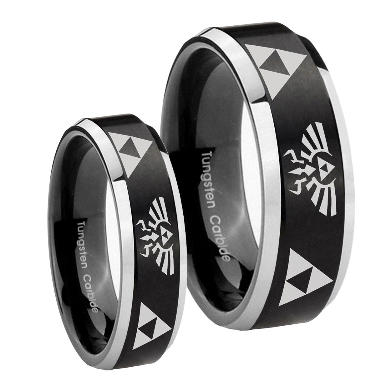 Legend of Zelda Beveled Brush Black 2 Tone Tungsten Bridal Set Rings