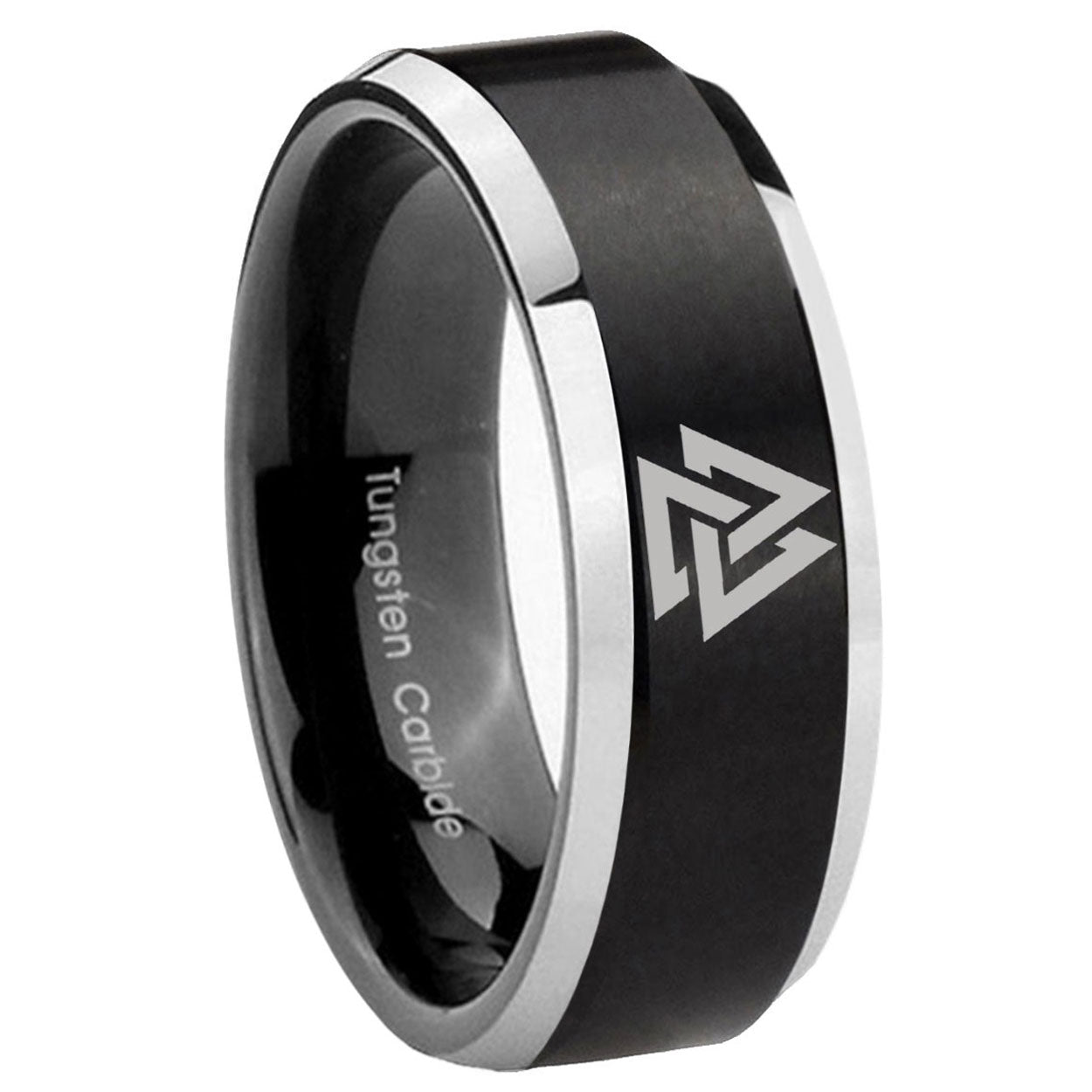 8MM Viking Symbol Beveled Two Tone Black Tungsten Man Wedding Ring