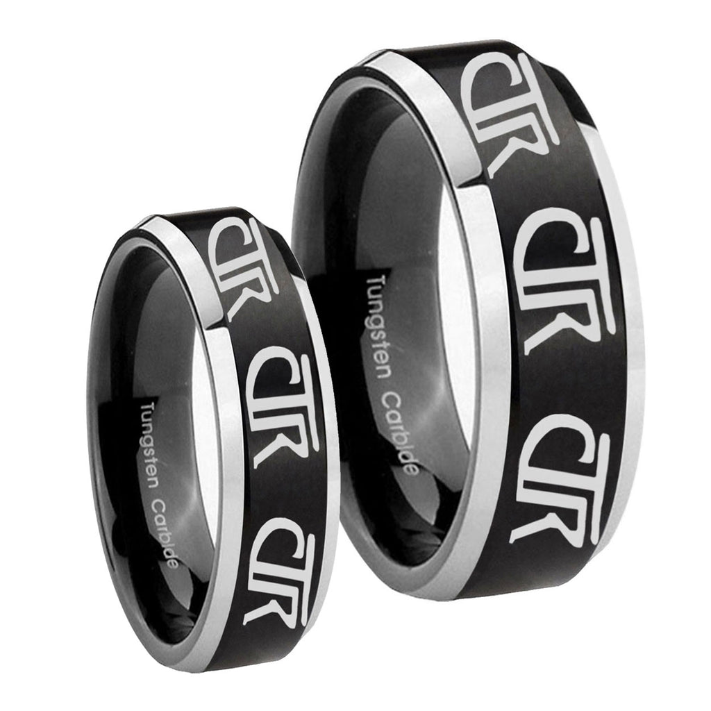 Multiple CTR Beveled Brush Black 2 Tone Tungsten Engagement Ring Set