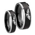 Aquila Beveled Edges Brush Black 2 Tone Tungsten Promise Ring Set