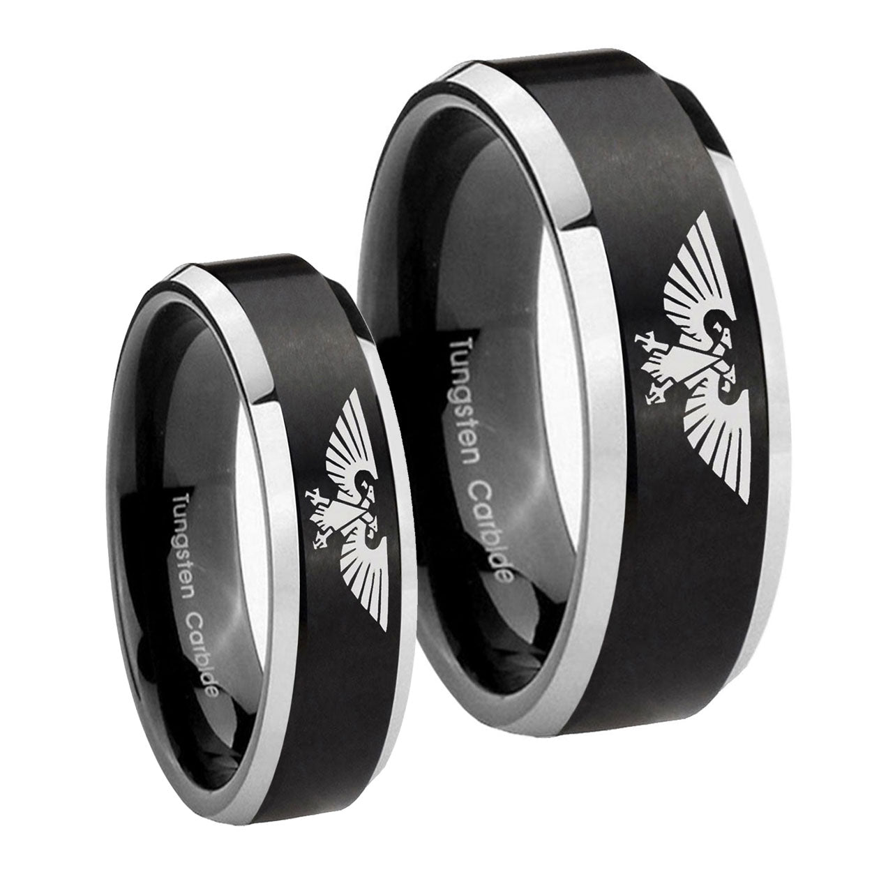 Aquila Beveled Edges Brush Black 2 Tone Tungsten Promise Ring Set