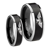 His Hers Aquila Beveled Edges Brush Black 2 Tone Tungsten Personalized Ring Set
