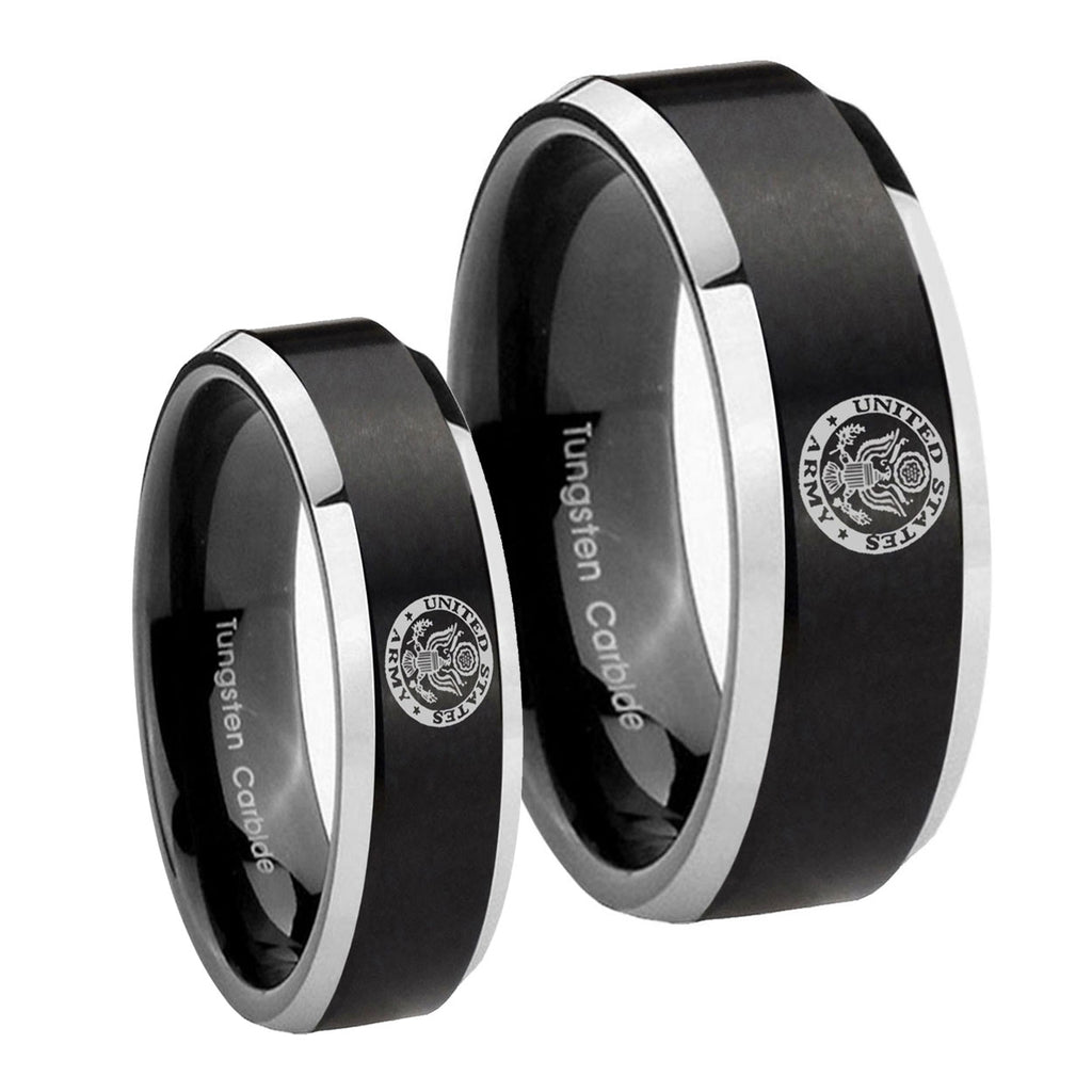 U.S. Army Beveled Brush Black 2 Tone Tungsten His And Hers Ring