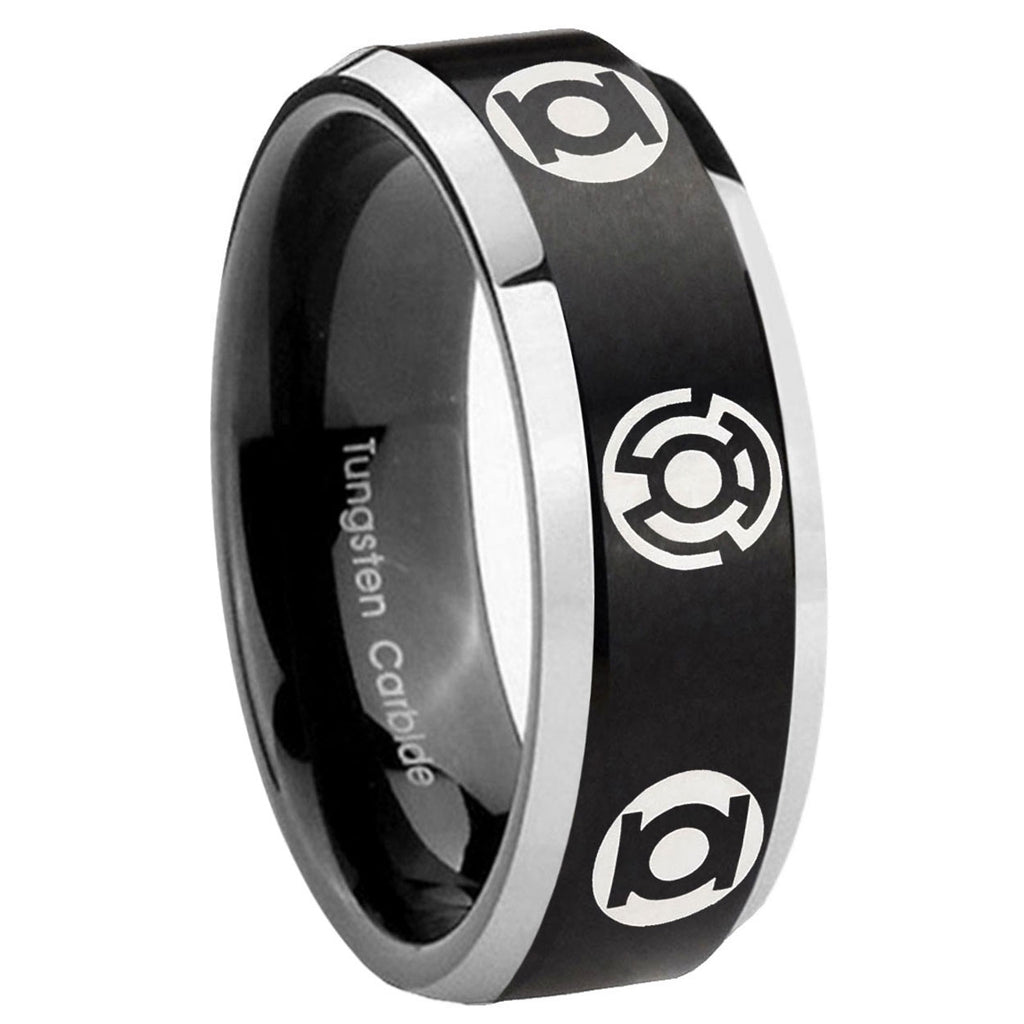 8MM Blue Green Lantern Beveled Two Tone Black Tungsten Ring For Men