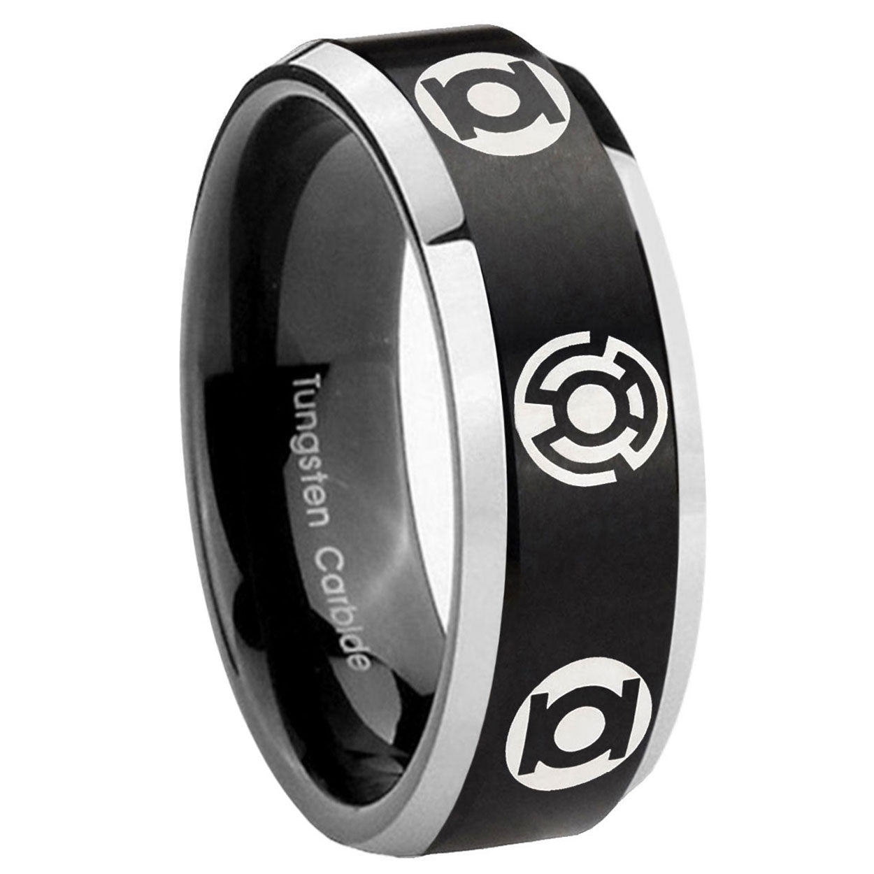 8MM Blue Green Lantern Beveled Two Tone Black Tungsten Ring For Men
