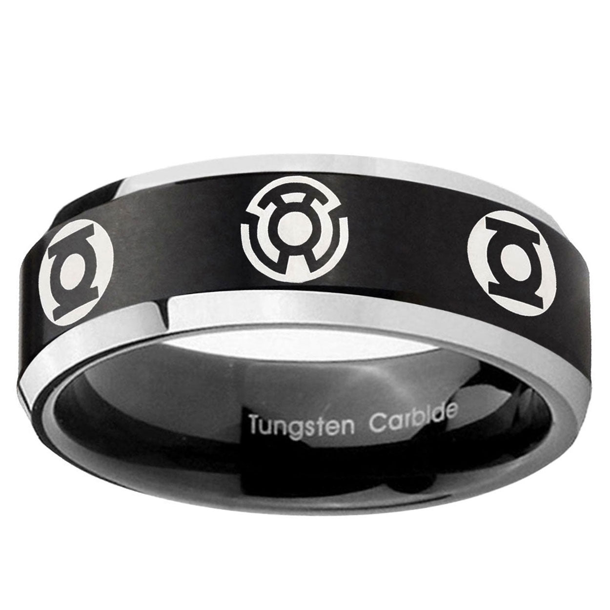 5MM Blue Green Lantern Beveled Two Tone Black Tungsten Ring For Men