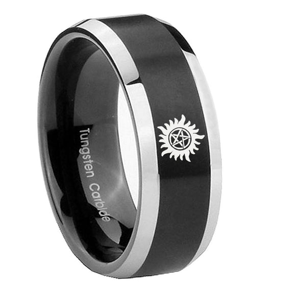 8mm Supernatural Beveled Edge Two Tone Black Tungsten Mens Wedding Rings