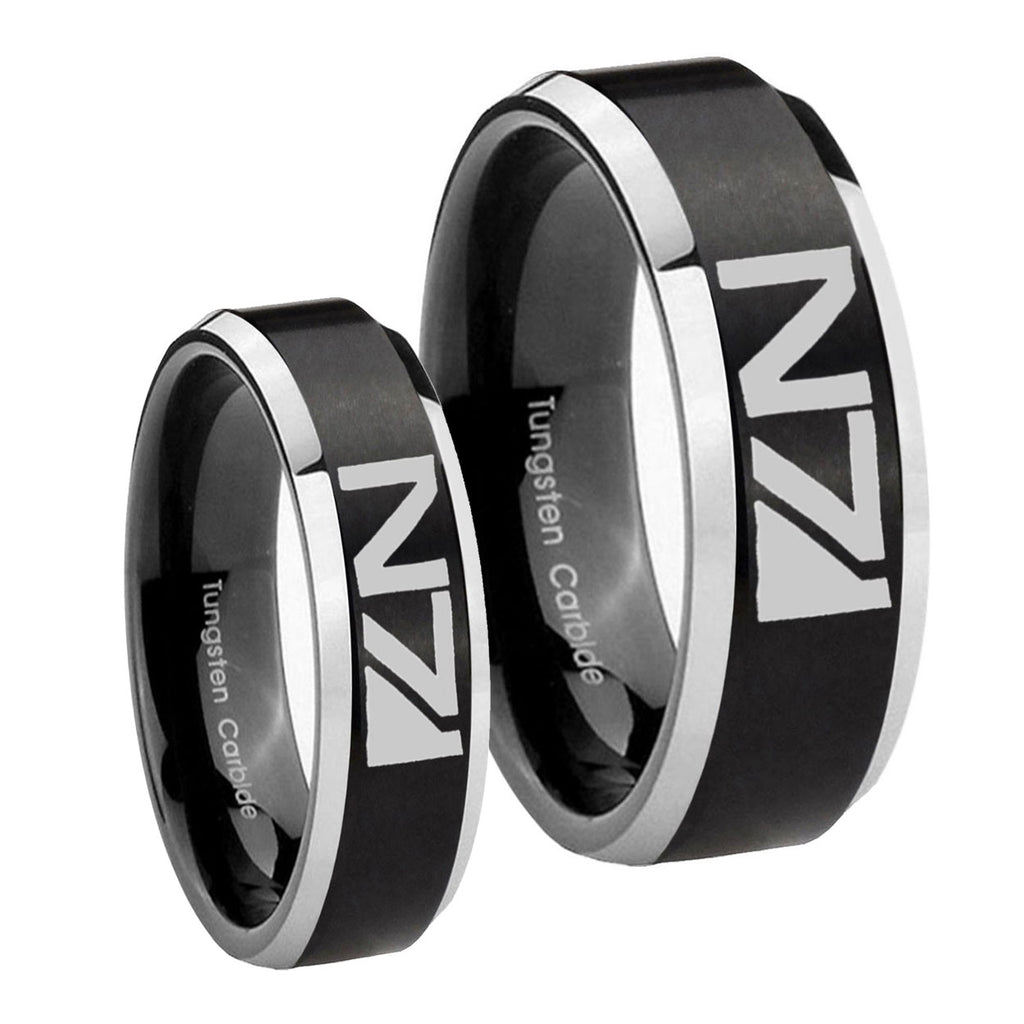N7 Design Beveled Brush Black 2 Tone Tungsten Couples Ring Set