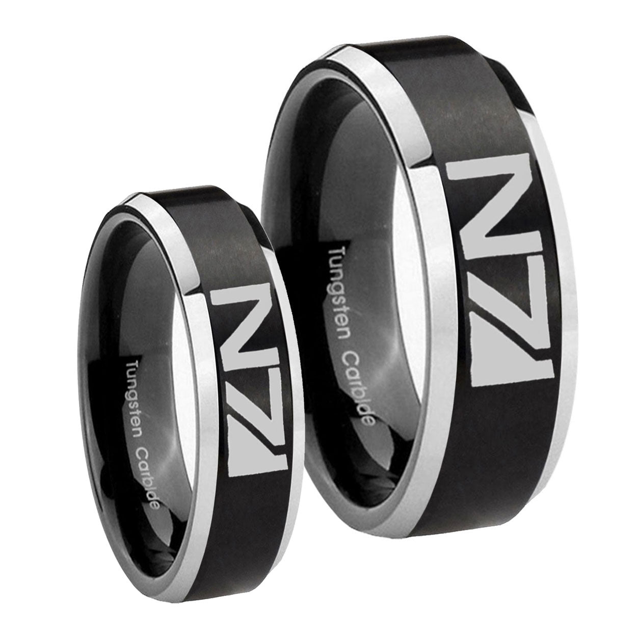 N7 Design Beveled Brush Black 2 Tone Tungsten Couples Ring Set