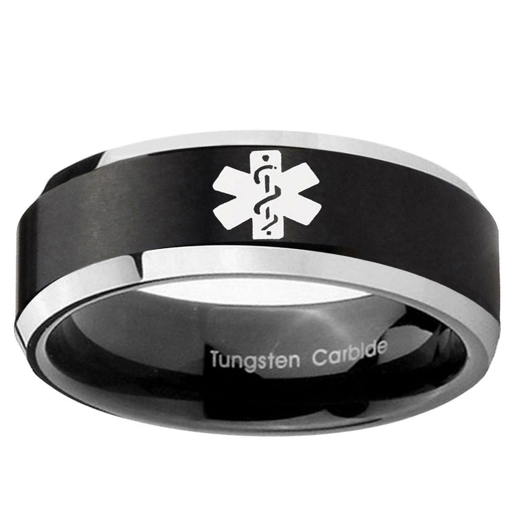 10mm Medical Alert Beveled Edge Brush Black 2 Tone Tungsten Mens Promise Ring