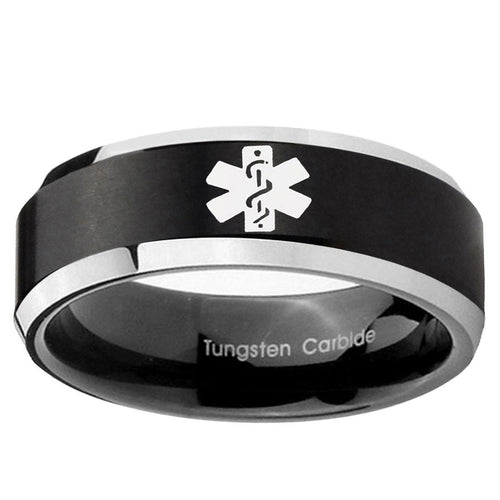 10mm Medical Alert Beveled Edge Brush Black 2 Tone Tungsten Mens Promise Ring
