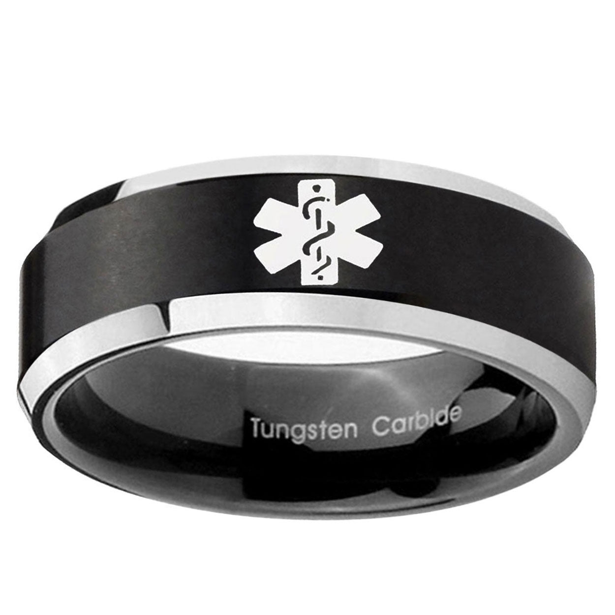 5MM Medical Alert Beveled Two Tone Black Tungsten Custom Engraved Ring