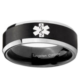5, 8mm Medical Alert Beveled Edge Brush Black 2 Tone Tungsten Mens Wedding Ring