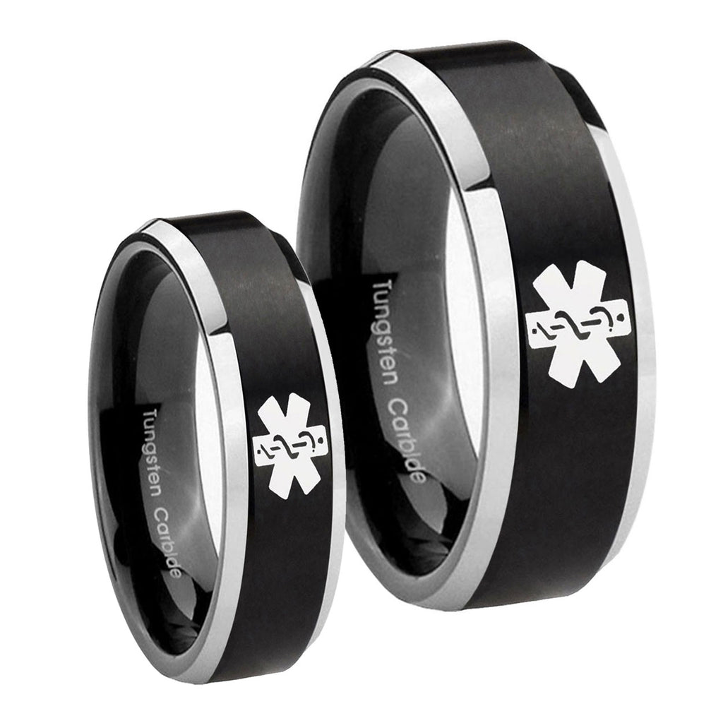 Medical Alert Beveled Edges Brush Black 2 Tone Tungsten Mens Band Set